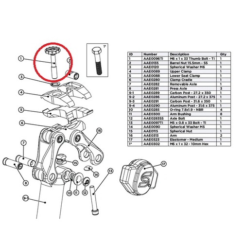 EESILK 2.0/+ -POST-CLAMP SCREW-FRONT THUMB WHEEL M6 4MM-TI (AAE0096TI)